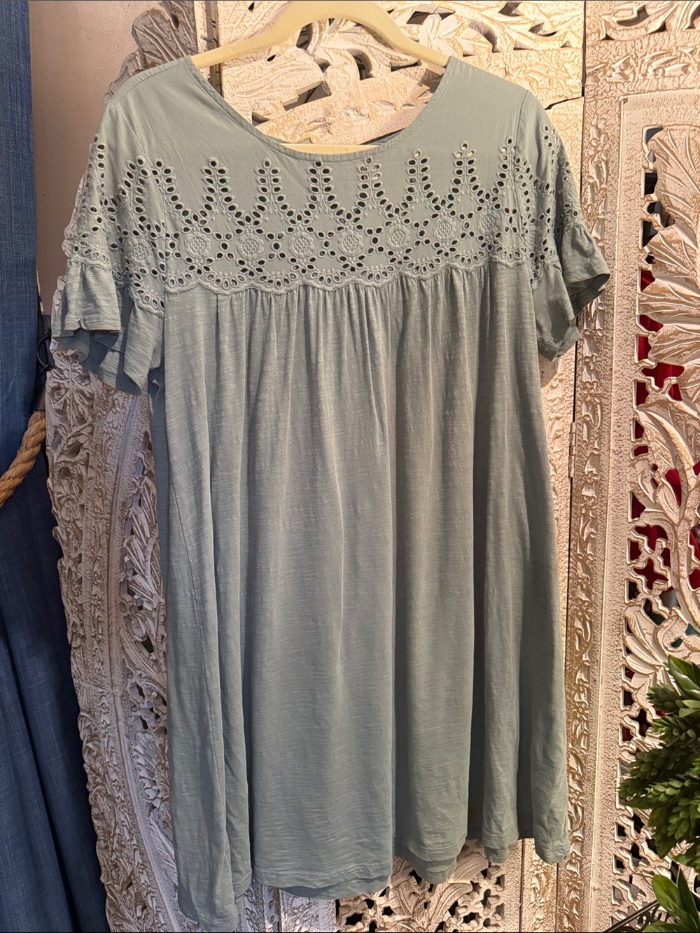 Style & Co. Sage Green Eyelet Yoke Short Sleeve Swing Dress